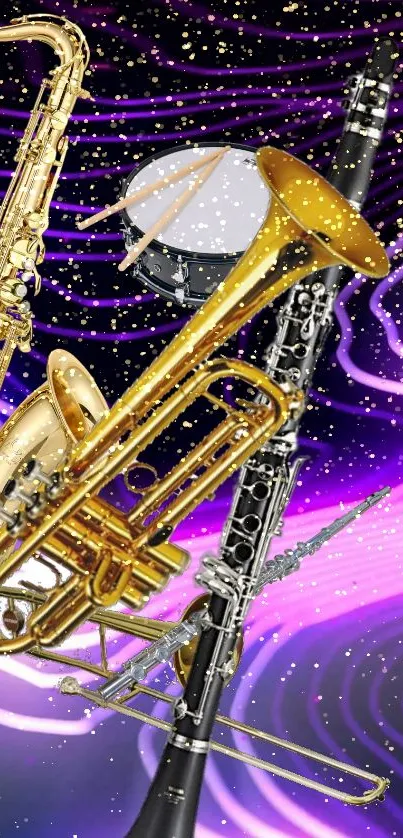 Colorful musical instruments with a cosmic backdrop in purple tones.