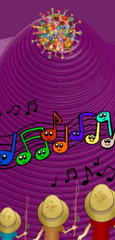 Vibrant wallpaper with musical notes on a purple background.