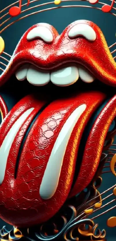 A vibrant, glossy red tongue and lips with musical notes.