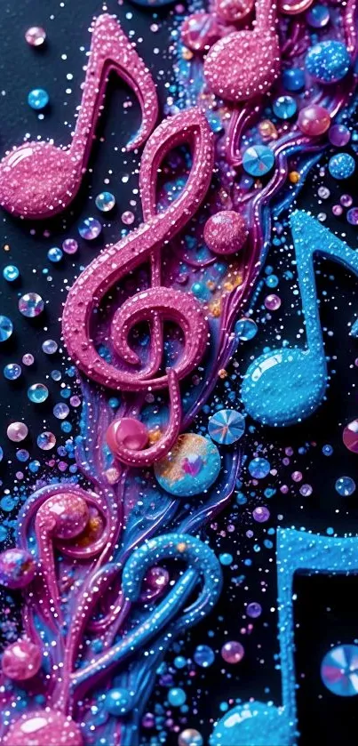 Colorful musical notes and gems on a dark background.