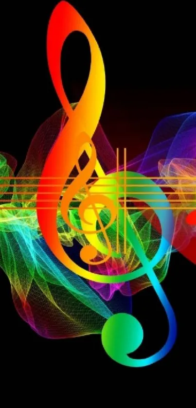 Colorful musical note on dark background, vibrant artistic design.