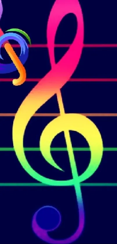 Colorful gradient musical note wallpaper with treble clef.