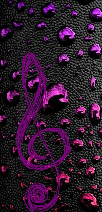 Purple musical note on a textured black background with vibrant droplets.