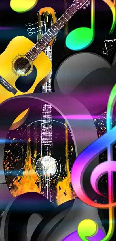 Vibrant musical wallpaper with guitars and colorful notes.