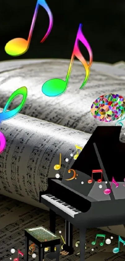 Colorful notes hover above a piano and sheet music.