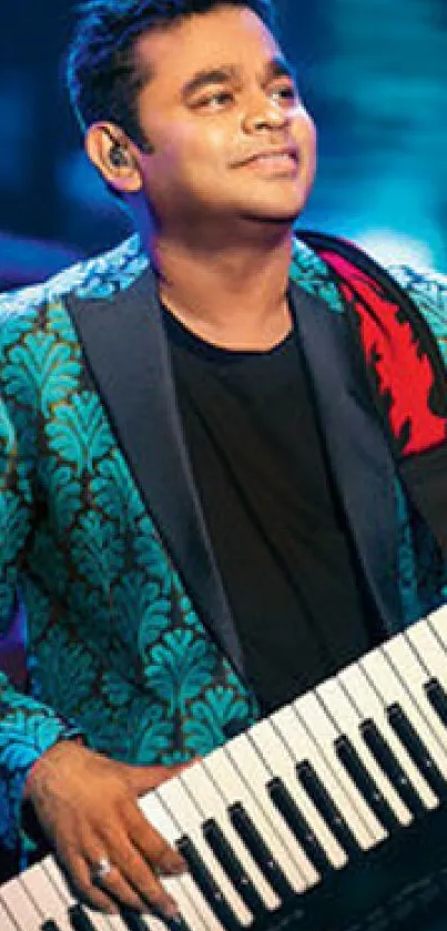 Musician playing keytar in vibrant colors, dynamic wallpaper.