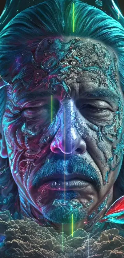 Mystic face with vibrant neon colors and surreal textures.