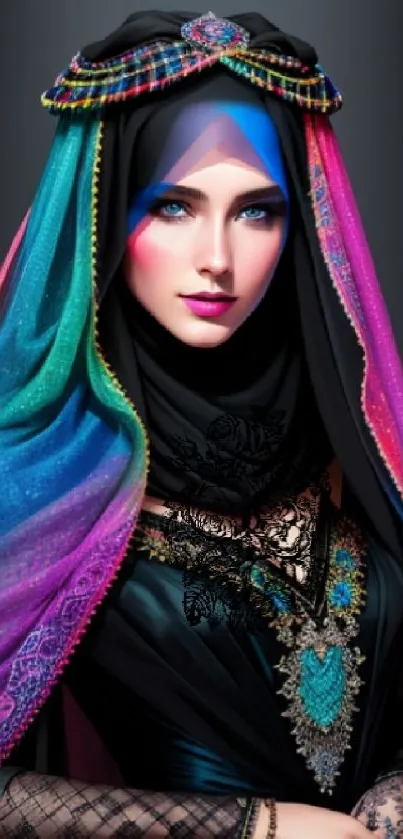 Mystic woman in vibrant veil with colorful fabric and jewelry.