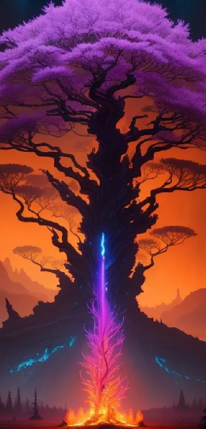 Vibrant purple tree against an orange sky with glowing roots.