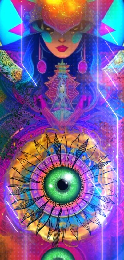 Vibrant mystical art wallpaper with colorful abstract patterns and central eye design.