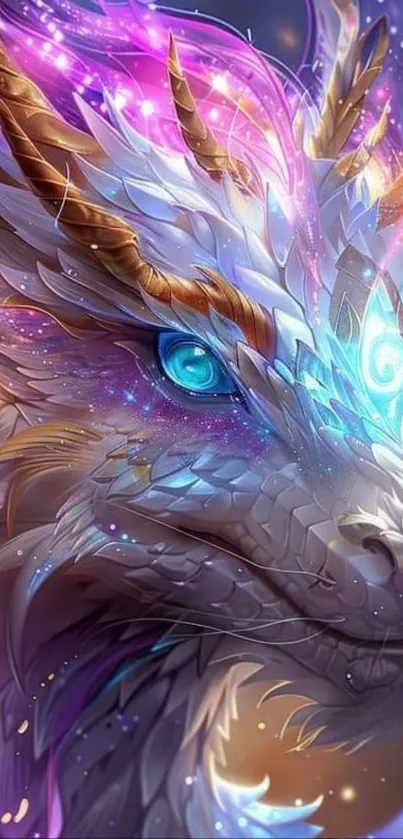 Vibrant mystical dragon artwork with colorful scales and glowing eyes.