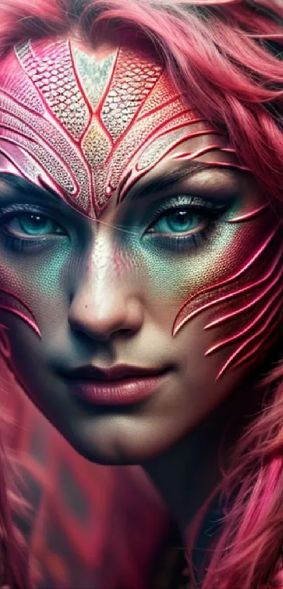 Vivid face art with mystical pink hues on a mobile wallpaper.