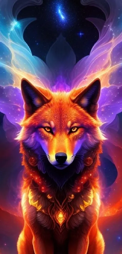 Mystical fox with vibrant cosmic aura in digital art wallpaper.