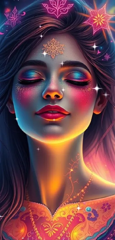 Vibrant mystical portrait of a serene woman with colorful cosmic elements.