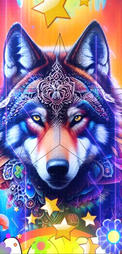 Colorful mystical wolf artwork with vibrant orange and blue tones.