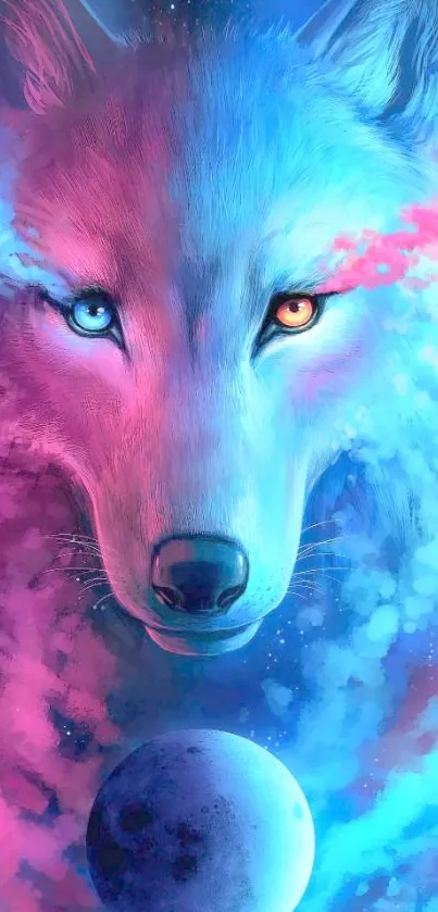 Mystical wolf with blue and pink hues, cosmic background.