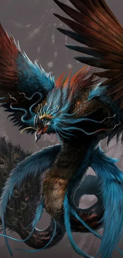 Mythical creature with vibrant teal blue feathers in dynamic artwork.