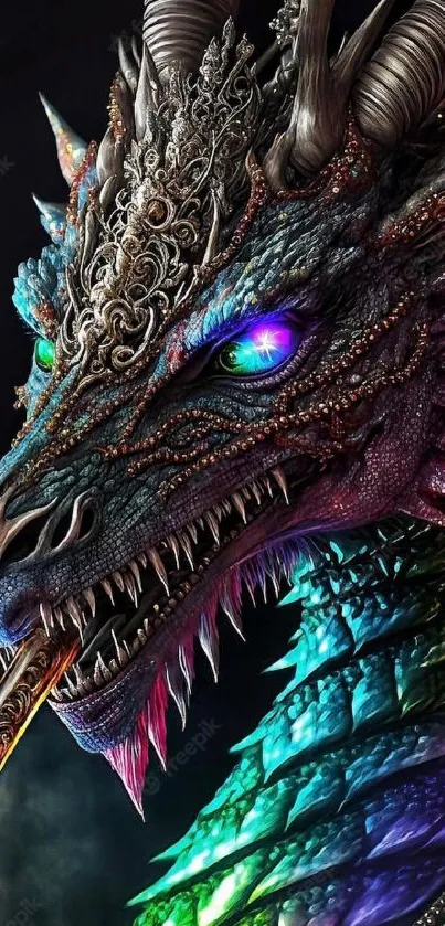 Vibrant dragon with rainbow scales and glowing eyes.