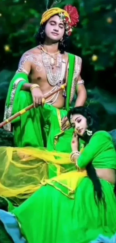 Mythical couple in vibrant green attire in serene backdrop.