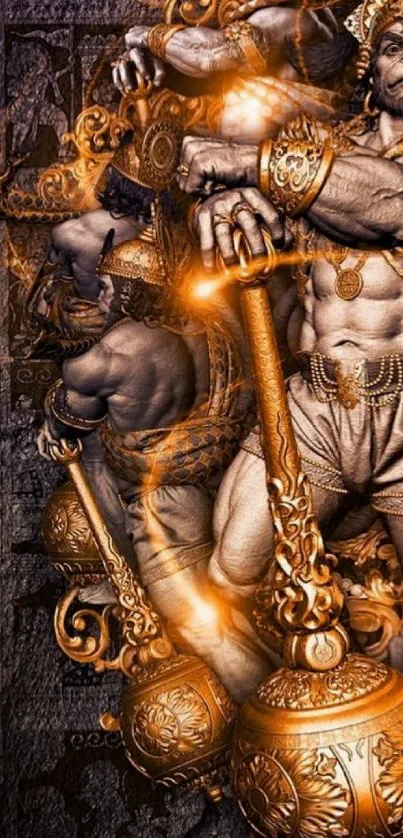 Mythical warrior with golden mace artwork wallpaper.