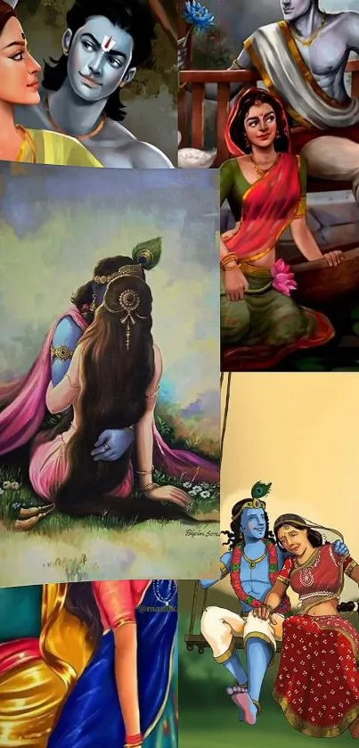 Colorful mythological art collage featuring divine couples in traditional attire.