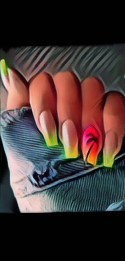 Colorful gradient nail art wallpaper on hand, stylish design.