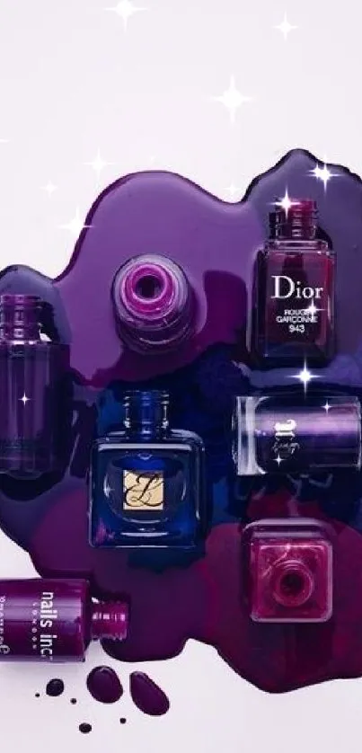 Spilled nail polish bottles in vibrant purple hues creating an artistic splash design.