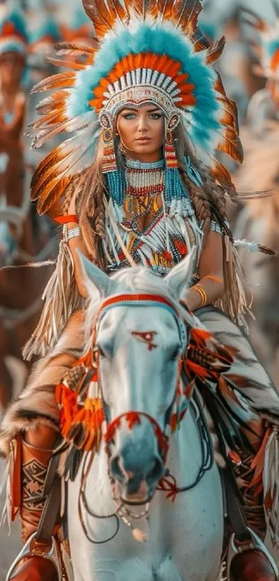 Vibrant Native American warrior on horse in colorful traditional attire.