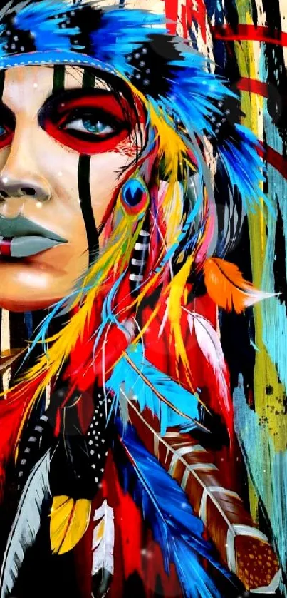 Colorful Native American inspired art with feathers and bold colors on phone wallpaper.