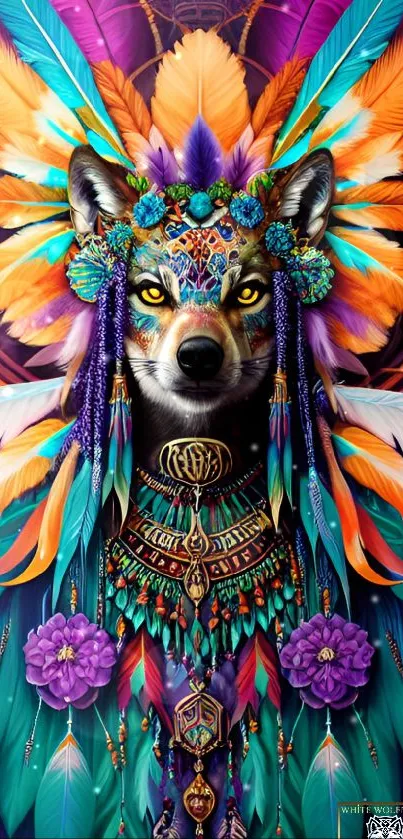 Vibrant wolf with feathers mobile wallpaper.