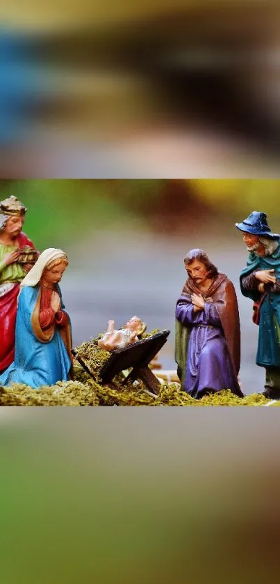 Vibrant nativity scene with colorful figures celebrating Christmas.