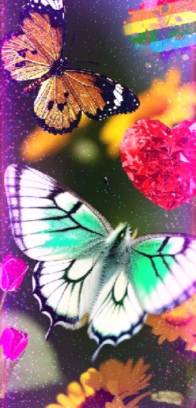 Vibrant wallpaper with butterflies, flowers, and a heart in nature scene.