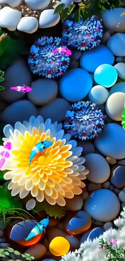 Colorful abstract wallpaper with vibrant flowers and pebbles, featuring nature elements.