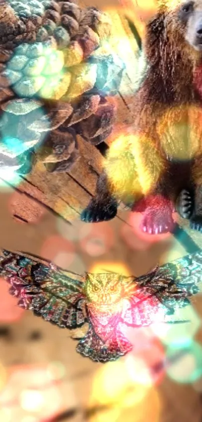 Colorful wallpaper with bear, butterfly, pinecone, and bright lights.