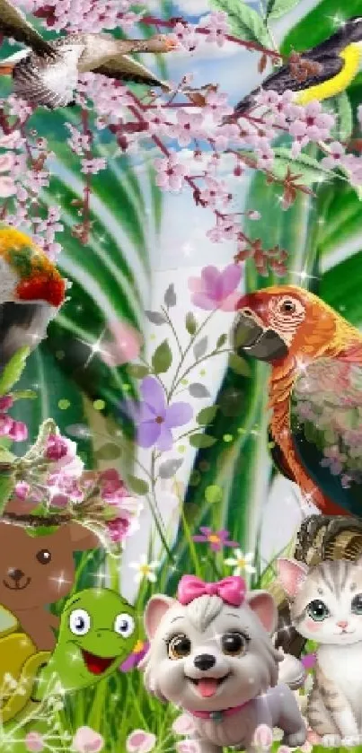 Vibrant nature wallpaper with animals and tropical birds.