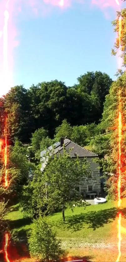 House surrounded by trees with dramatic fire effect.