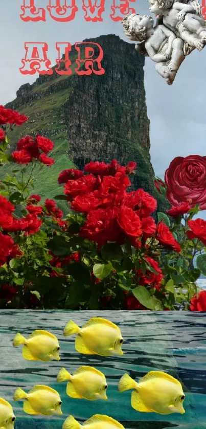 Wallpaper with roses, fish, and mountains.