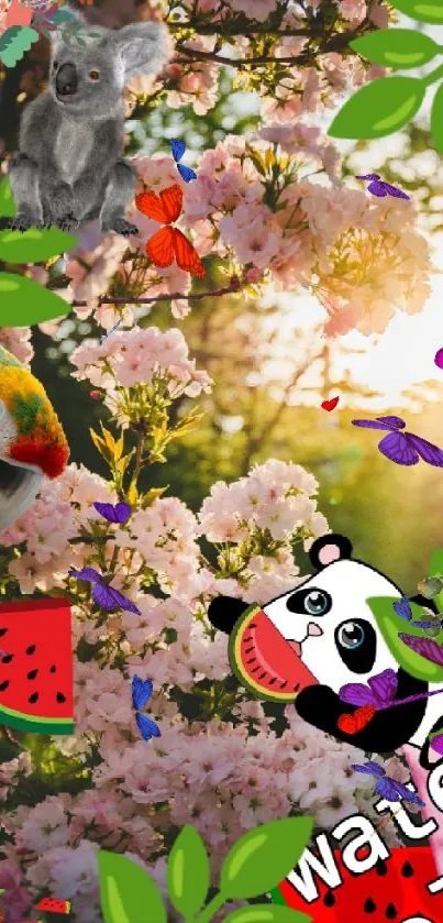 Decorative wallpaper with panda, parrot, and flowers in vibrant nature scene.