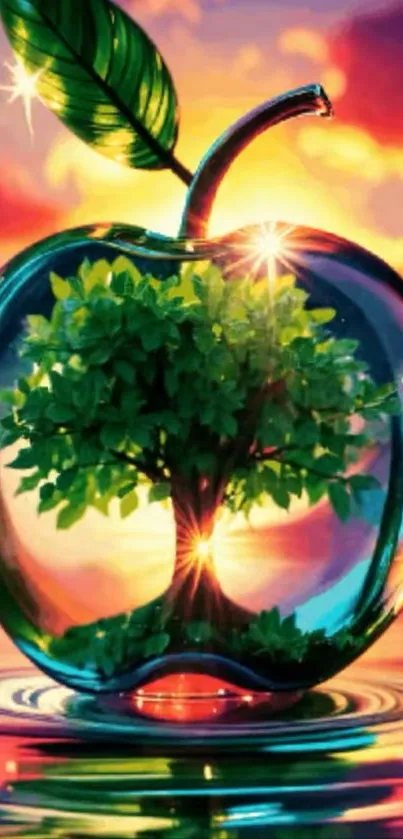 Vibrant glass apple with tree inside.