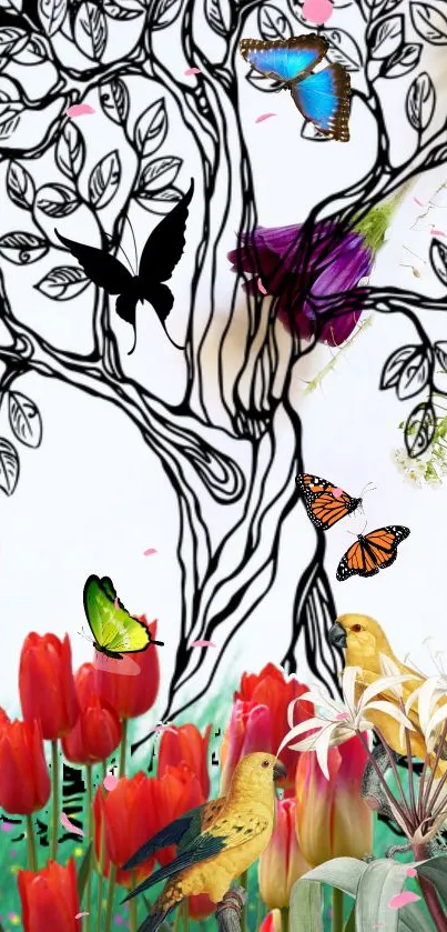 Colorful nature scene with birds, butterflies, and flowers on a phone wallpaper.