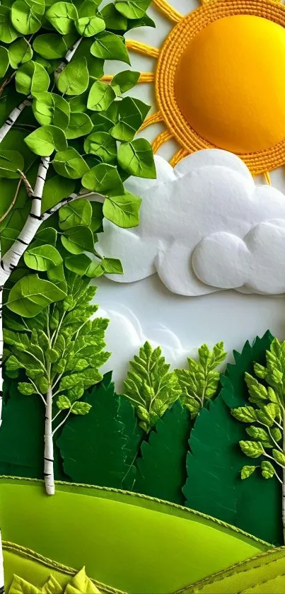 Artistic nature scene with sun, clouds, and vibrant greenery.