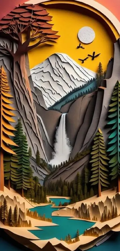 Vibrant paper art of mountains, trees, and waterfall.