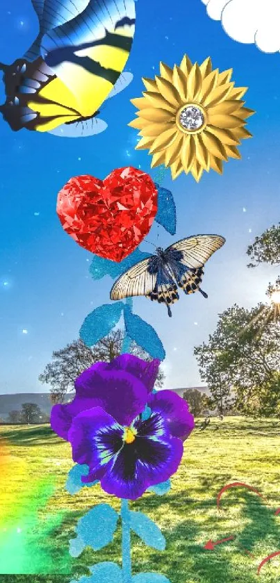 Colorful nature wallpaper with butterflies and flowers in a lush landscape.