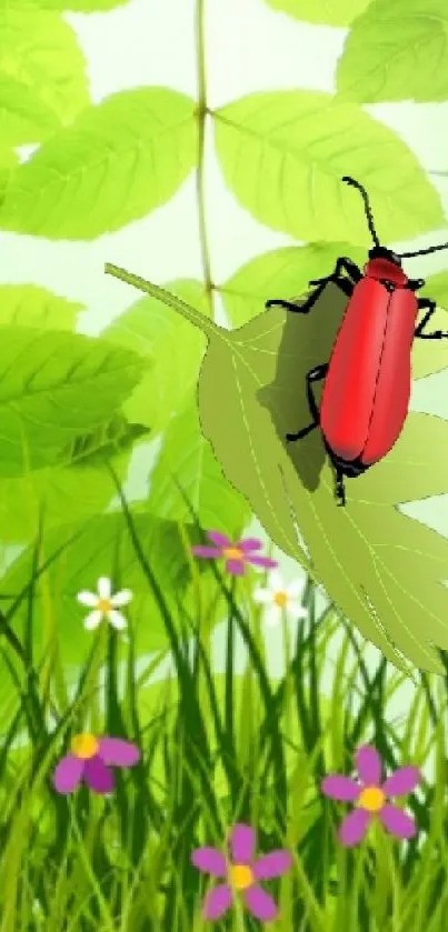 Colorful beetle on lush green leaves, vibrant nature wallpaper.