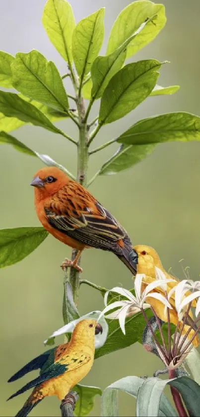 Colorful birds perched on lush green leaves.