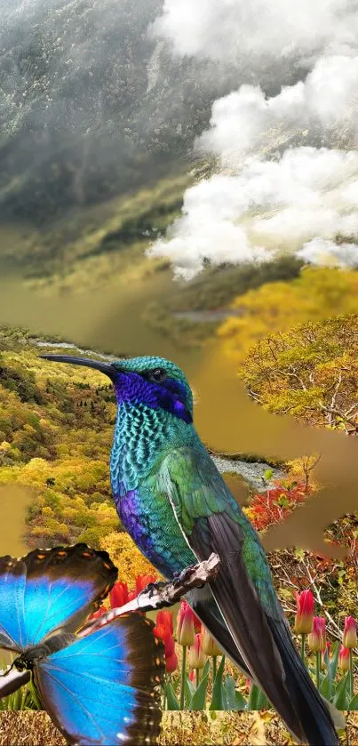 Vibrant hummingbird and butterfly in nature scene.