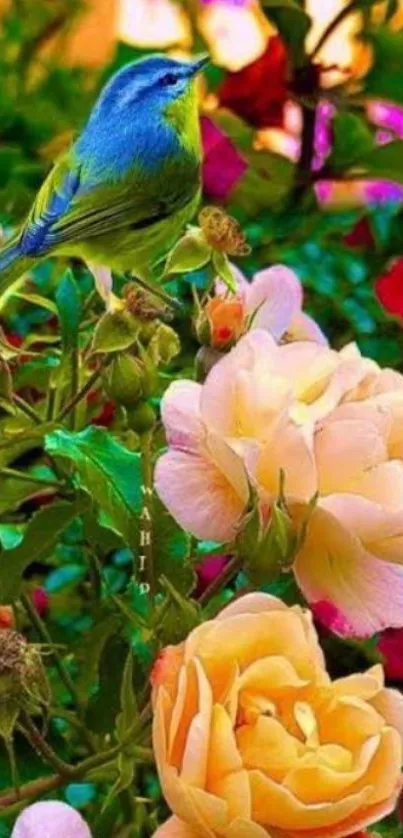 Blue bird perched among vibrant roses.