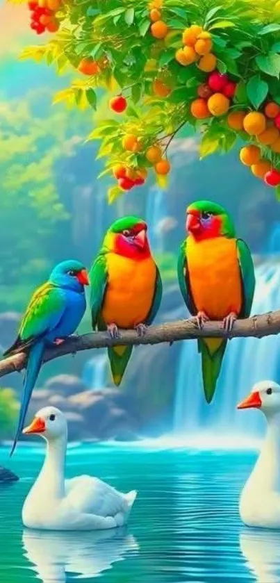 Colorful birds perched by a serene waterfall.