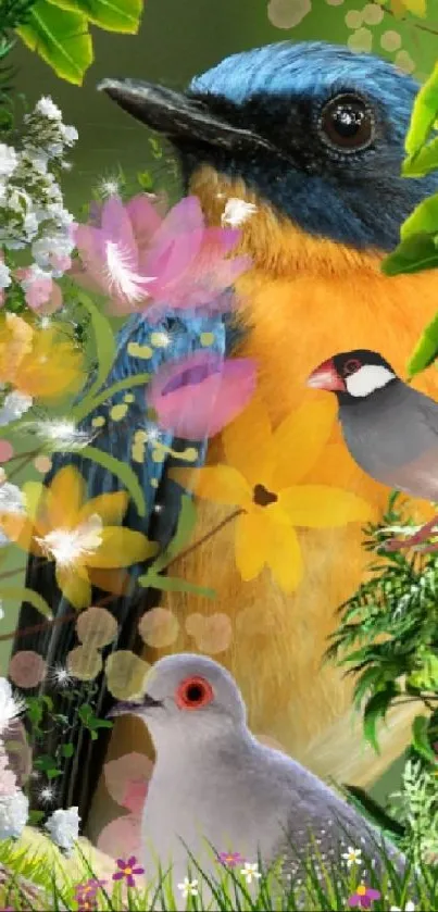 Colorful birds and flowers in lush nature wallpaper.