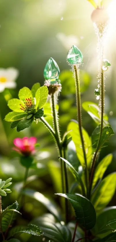 Vibrant nature wallpaper with green plants and crystals in sunlight.